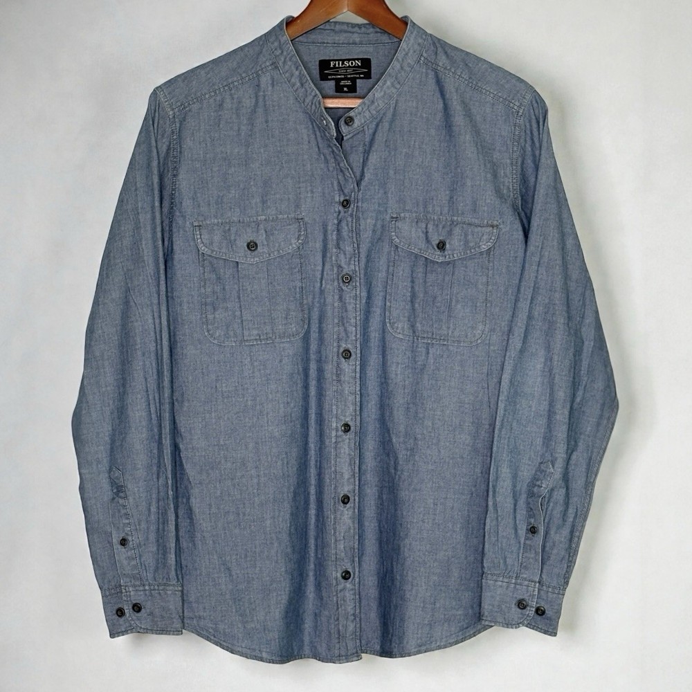 Filson Kadin Island Chambray Shirt Indigo Blue Banded Collar Womens XL *Read