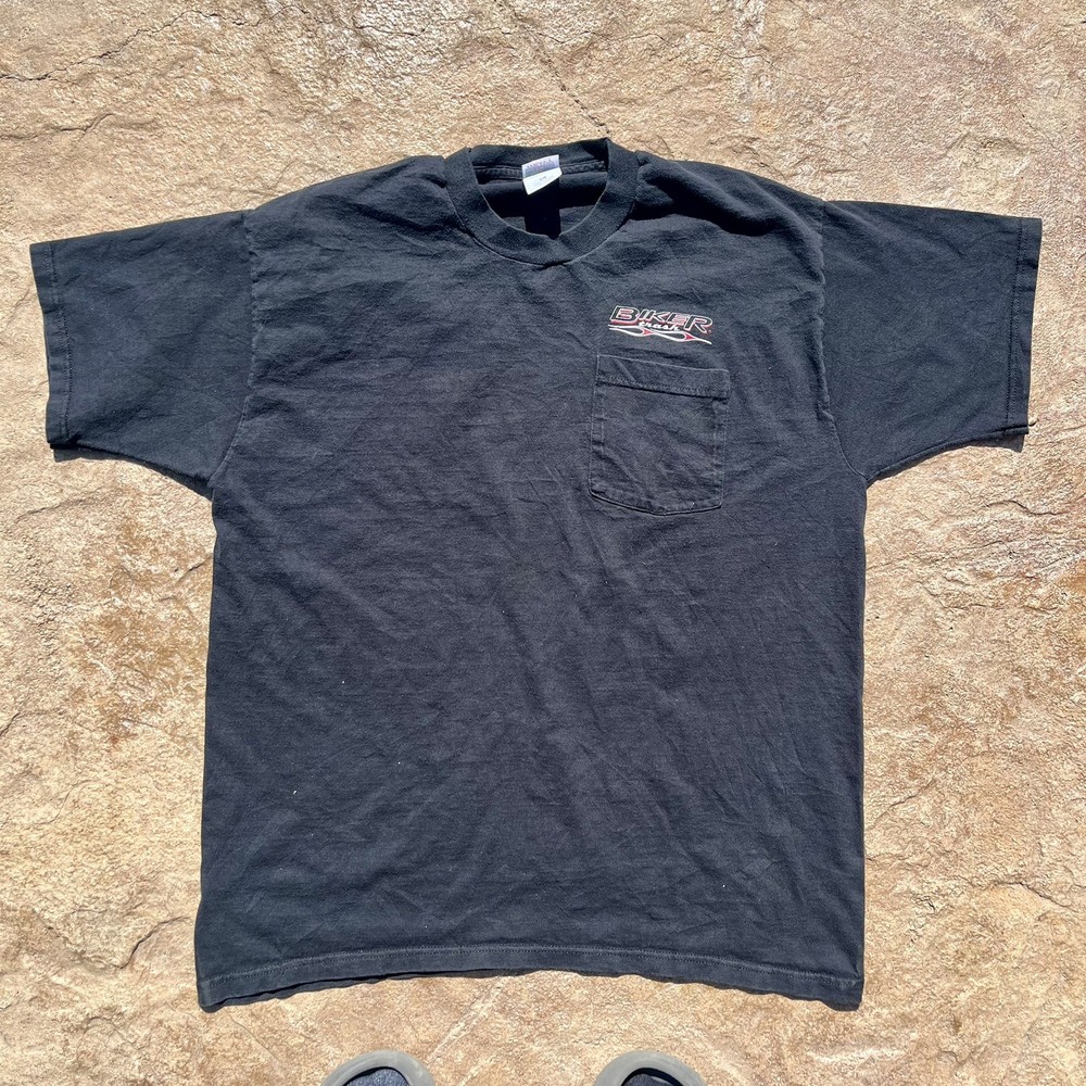 1996 Vintage Gildan Biker Trash Pocket T Shirt Graphic Men's XL Black Faded