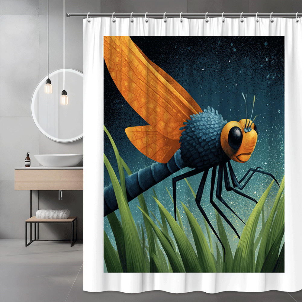 Dragonfly Shower Curtain, Blue Orange Insect Wall Art Print