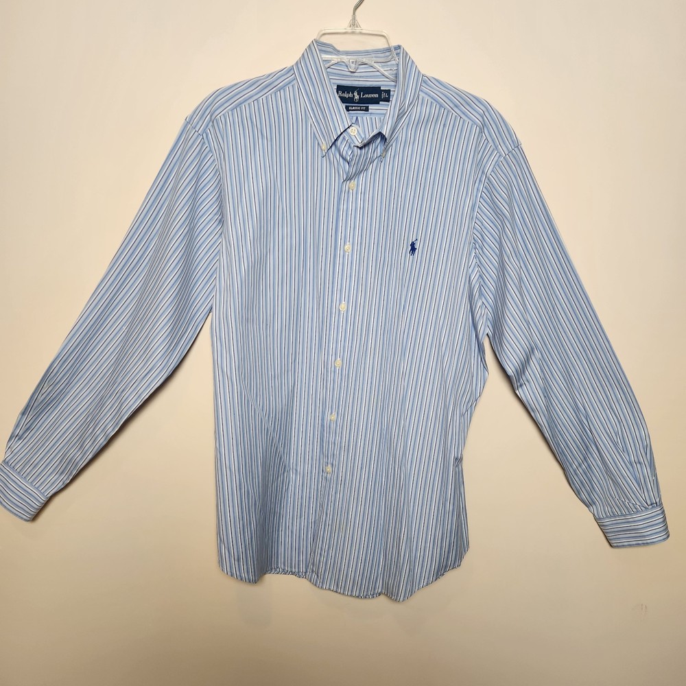 Ralph Lauren Men's Classic Fit Button-Down Shirt White/Blue Striped Pony Pattern