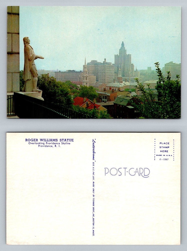 Providence, RI-Rhode Island, Roger Williams Statue City Skyline Vintage Postcard