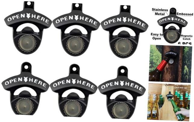 6-Piece Magnetic Wall-Mounted Bottle Opener Set in Black and White for Outdoor Posts and Patios