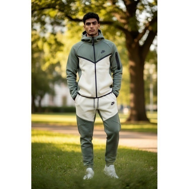 Nike Tech Tracksuit Full Set Olive Green Cream Full Zip Hoodie Joggers (3XL)