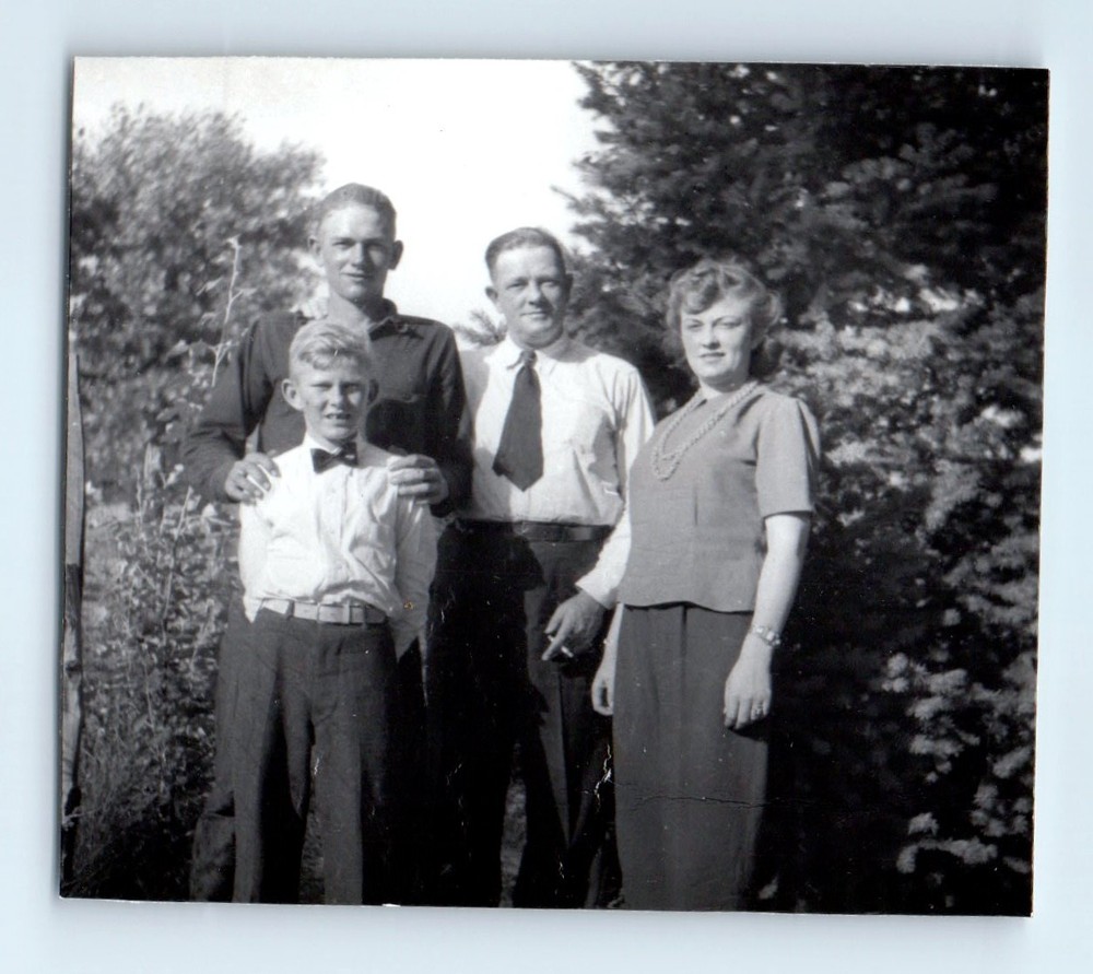 Old Vintage Photo MEN SMOKING CIGARETTE WOMAN AND BOY STANDING OUTSIDE