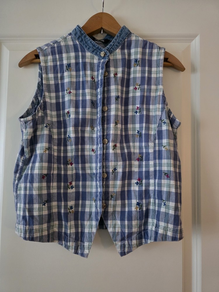 Vintage 90s Plaid Embroidered Sleeveless Button Up Denim Trim Womens S Krazy Kat
