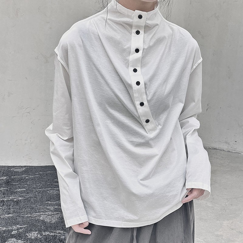Women's Spring Casual Shirts Cotton High Neck Button Long Sleeved T-Shirt Tops