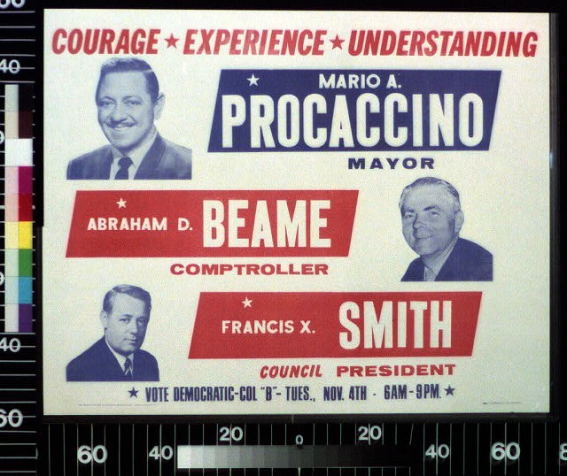 1969 New York Mario Procaccino Abraham Beame Francis X Smith Campaign Poster