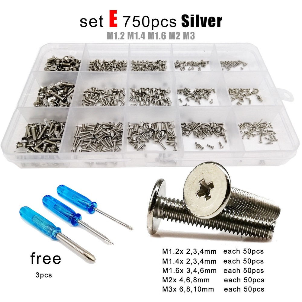 750pc M1.2-M3 Silver Mini Phillips Ultra Thin Flat Wafer Head Screw Bolt Set Kit