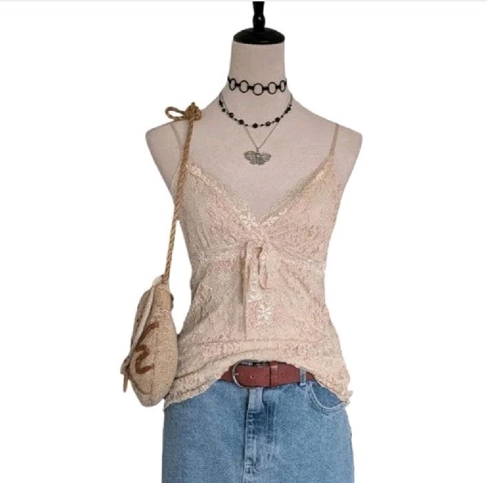 Y2K Beige Lace Cami Top Tie Front Coquette Fairycore Boho Small