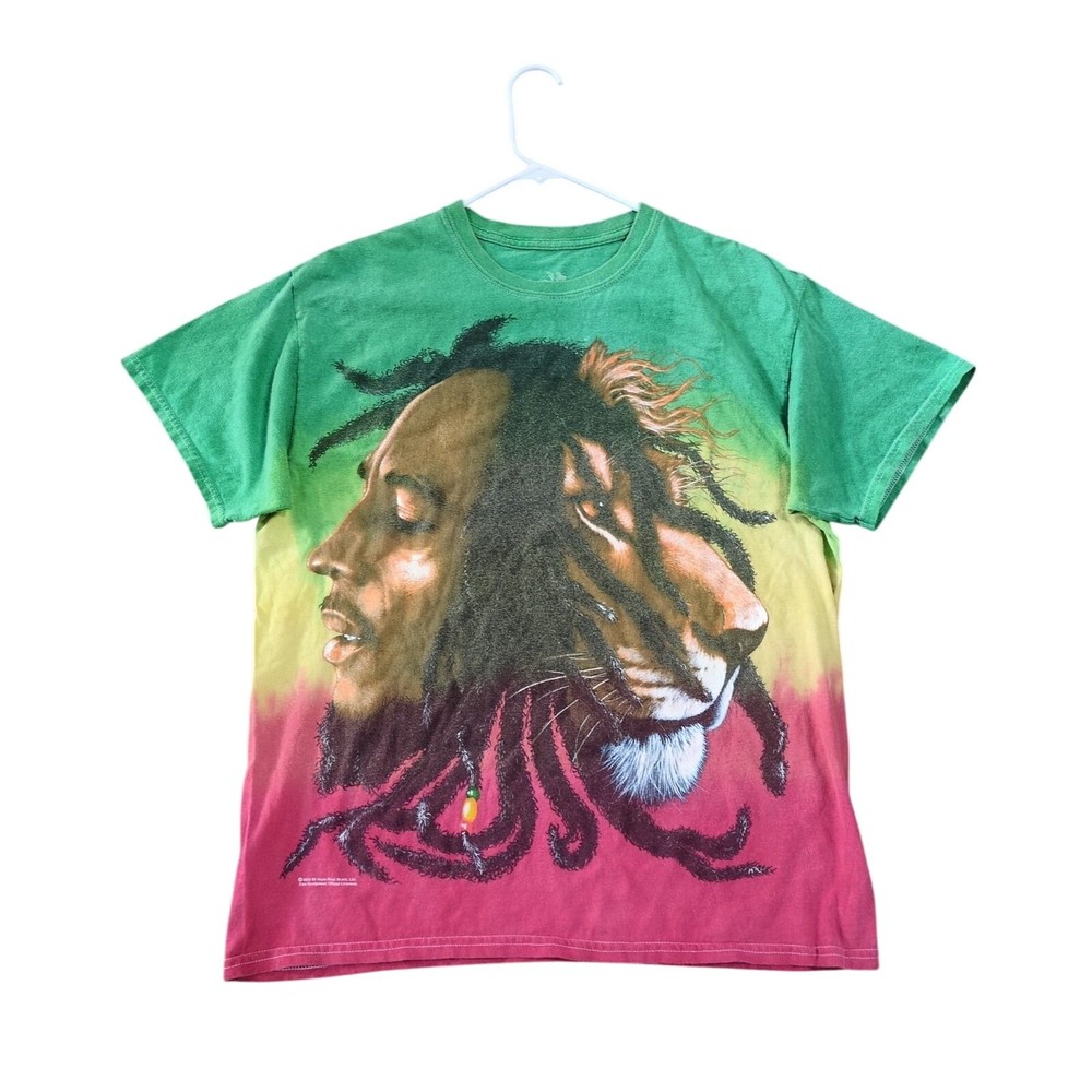 Bob Marley Iron Lion Shirt Men's Size L Green Yellow Red Tie Dye Zion Rasta