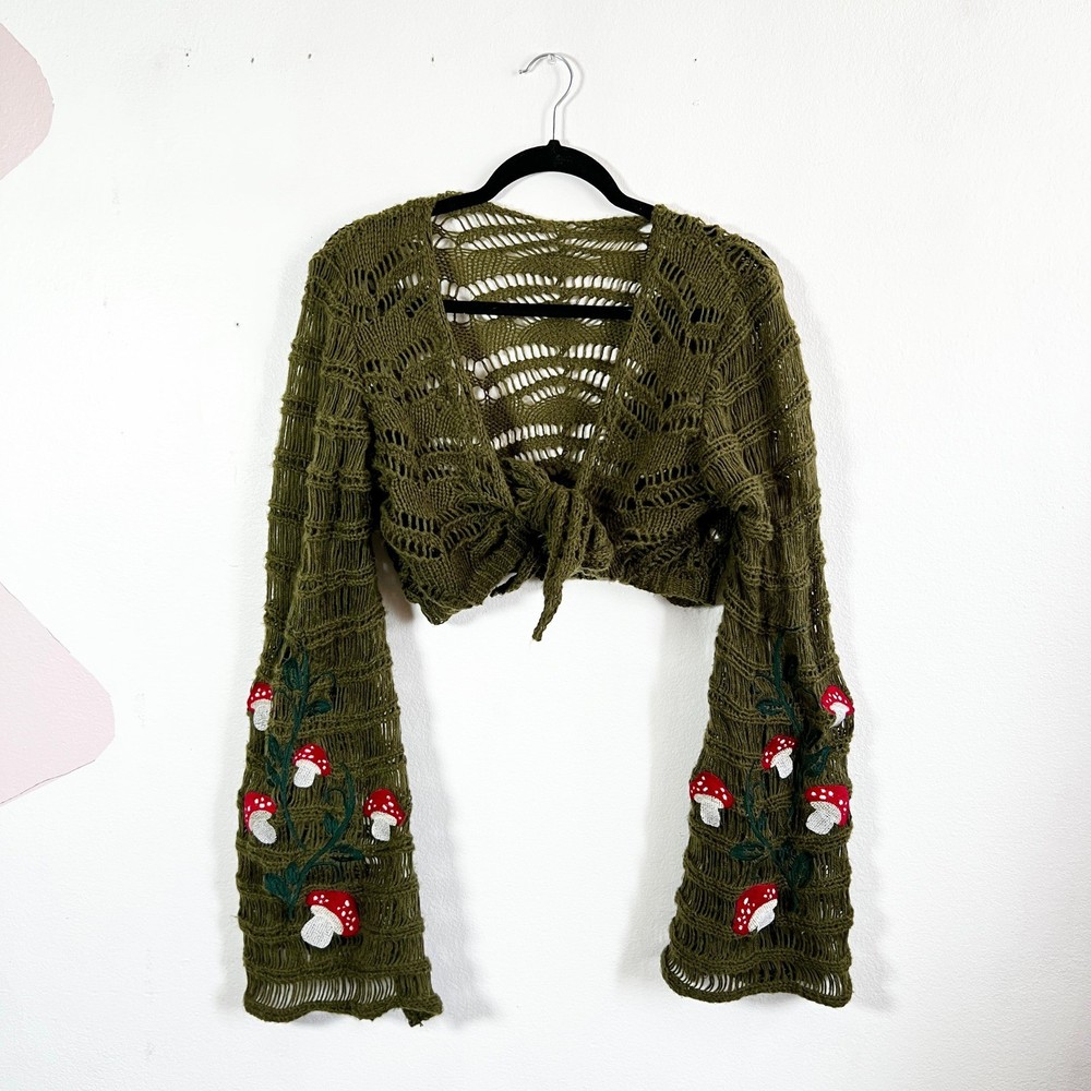 Cottagecore Fairycore Green Mushroom Shrug Top Bell Sleeves Women's XL
