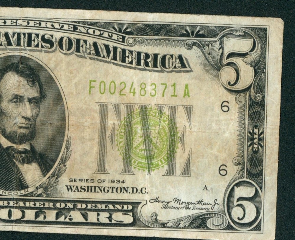 (6 DIGIT) $5 1934 LGS LIME ((LIGHT GREEN SEAL)) Federal Reserve Note CURRENCY