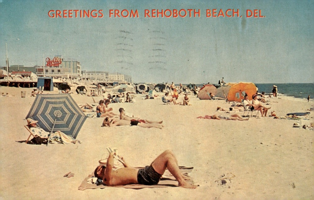 1964 Rehoboth Beach Delaware Mid Century Modern Postcard Crowded Beach Dolle's