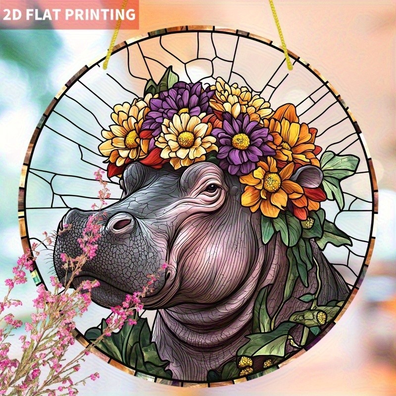 8x8 Hippo Wreath Round Acrylic Sign Bohemian Home Garden Decor for Spring Summer