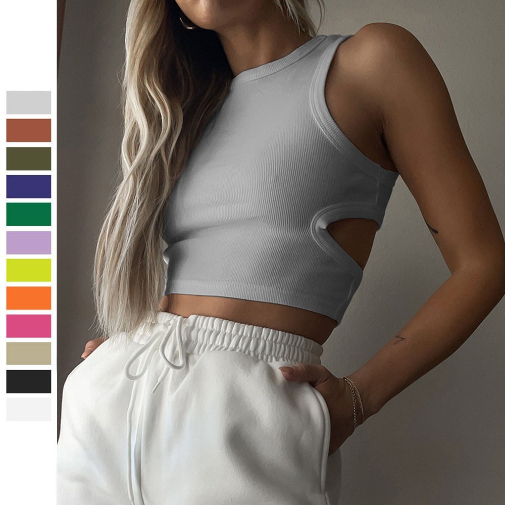 Women's Summer Vest Polyester Round Neck Cropped Sleeveless Top for Vacation
