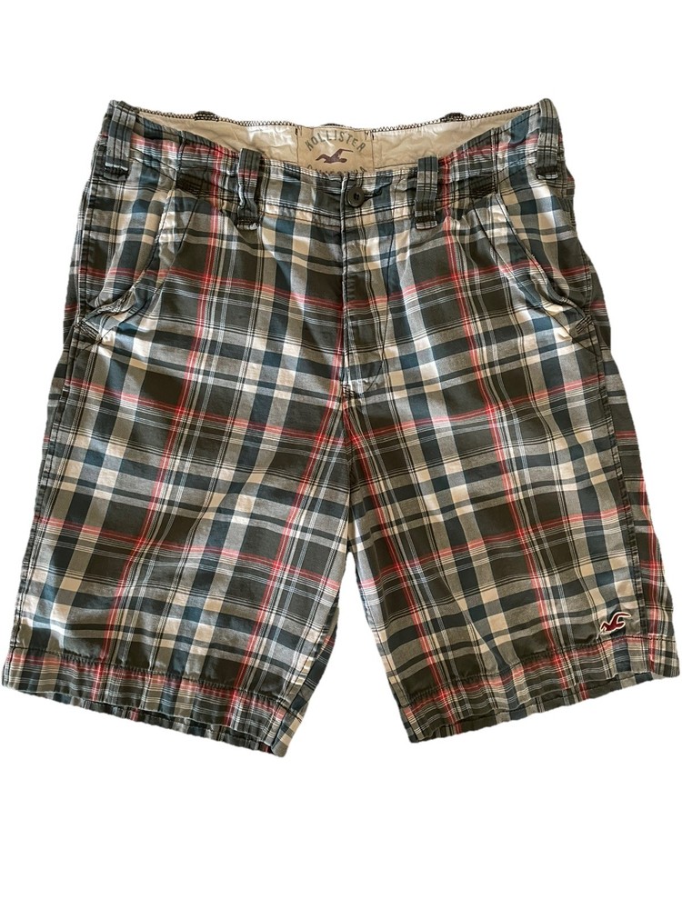 Men's Hollister California Plaid Gray, White & Red Shorts  34 Used Great Gift