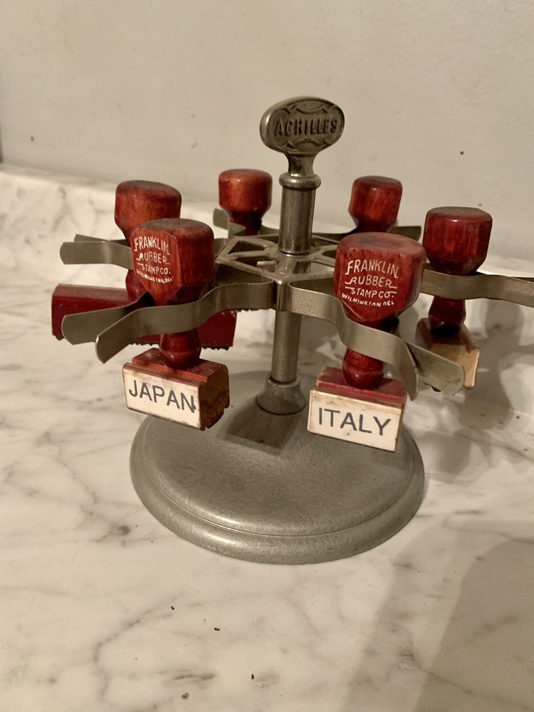 Vintage Metal Achilles Shipping Rubber Stamp Holder Carousel with Rotating Tree Design  -image