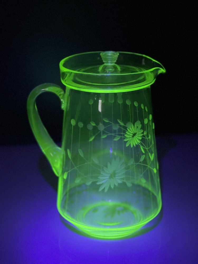 Vintage Vaseline Glass Etched Floral Lidded Water Pitcher 1940s Uranium