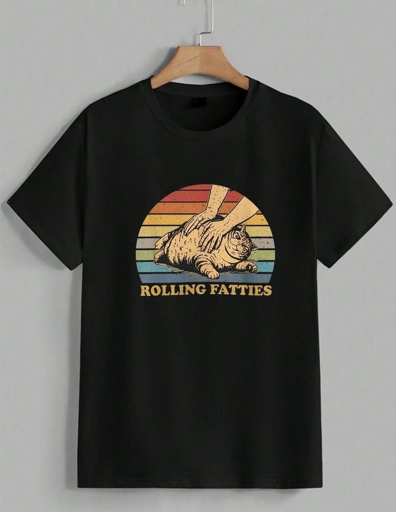 Funny Rolling Fatties Cat T-Shirt Chonky Kitty Retro Sunset Graphic Tee Unisex