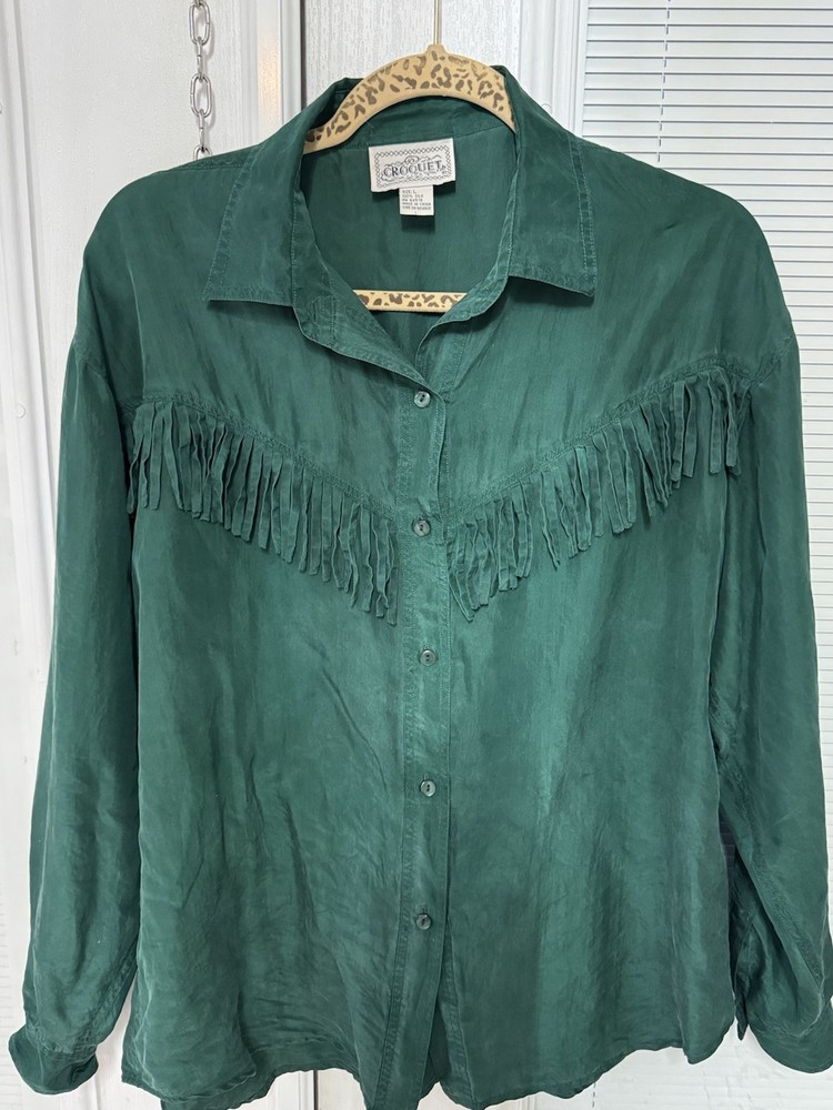 Vintage Croquet Club 100 % Silk Fringe Button Up  Top Blouse Womens Large/Green