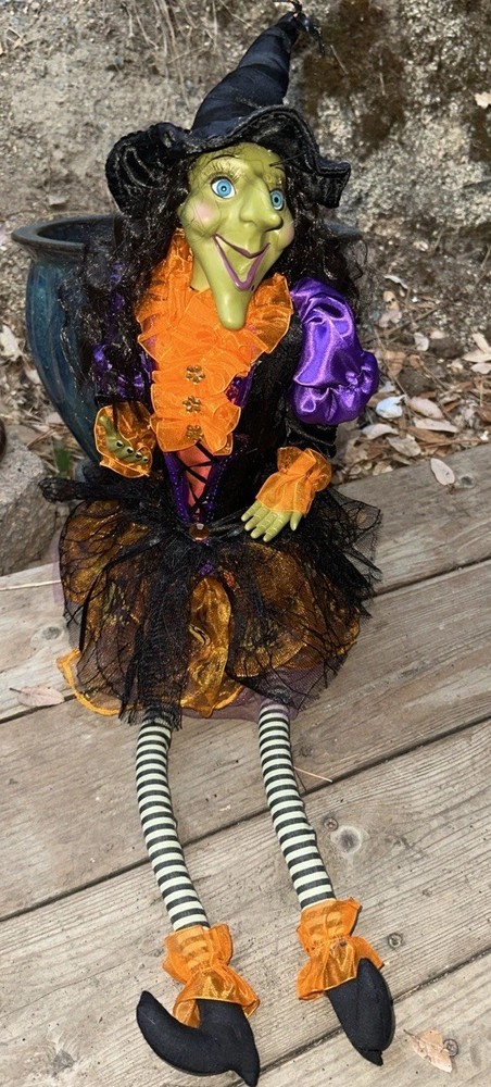 Sitting  Halloween Green Gal Pal Witch w/long Leg 26” Folk Art - Orange/Black