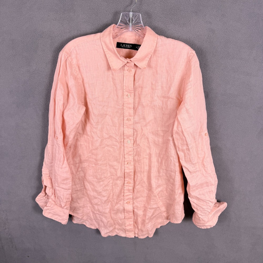 Lauren Ralph Lauren Pink Button Up 100% Linen Shirt  Size M Cottage Summer EUC