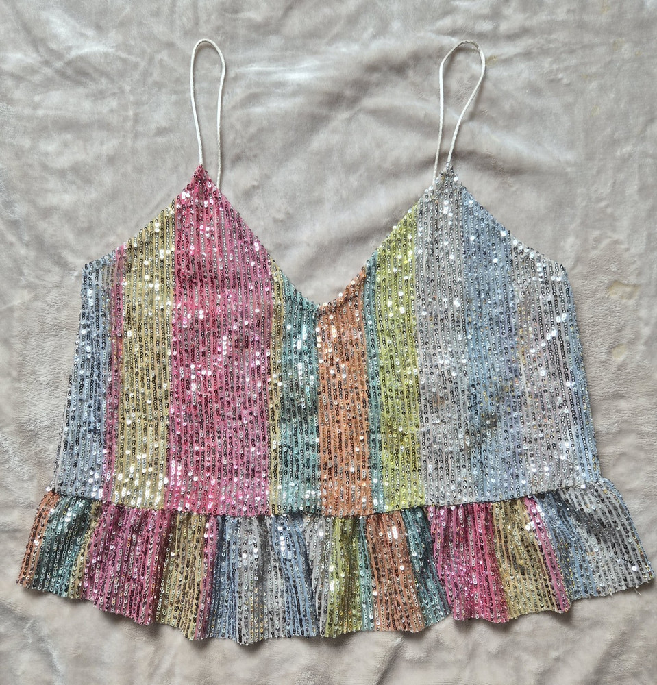 ZARA Sequin Cropped Top Multicolor Strappy Festival Party Layering Cami Size L