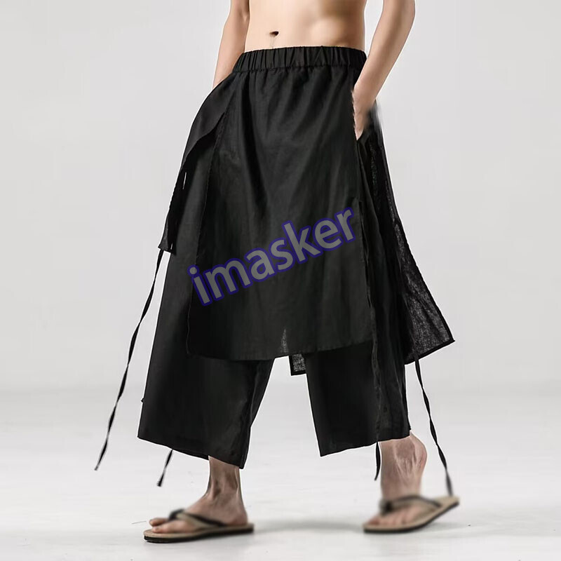 Summer Chinese Style Mens Cotton Linen Loose Trousers Pantskirt Japanese Pants