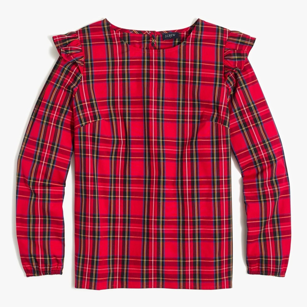 J Crew Womens Plaid Size S Red Tartan Ruffle-Trim Woven Top Blouse Cotton Chic