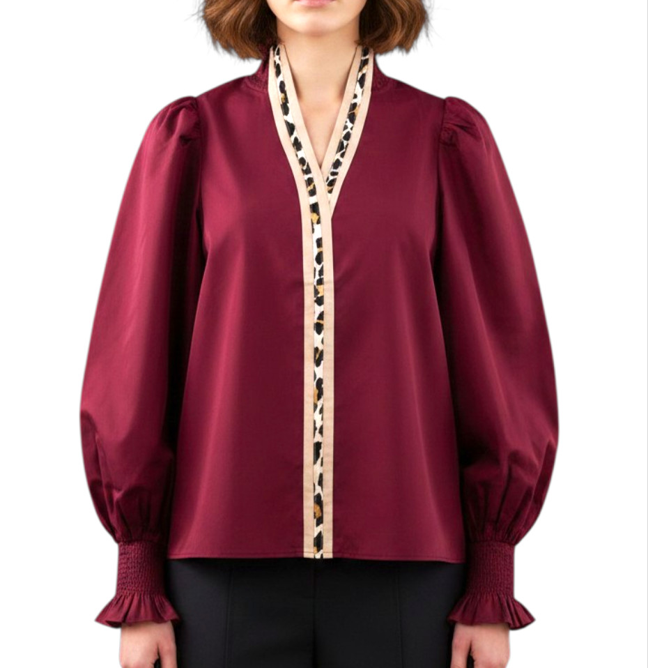 ENTRO Burgundy Poplin Top Blouse LEOPARD TRIM Puff Sleeve SMOCKED NECK/CUFF sz L