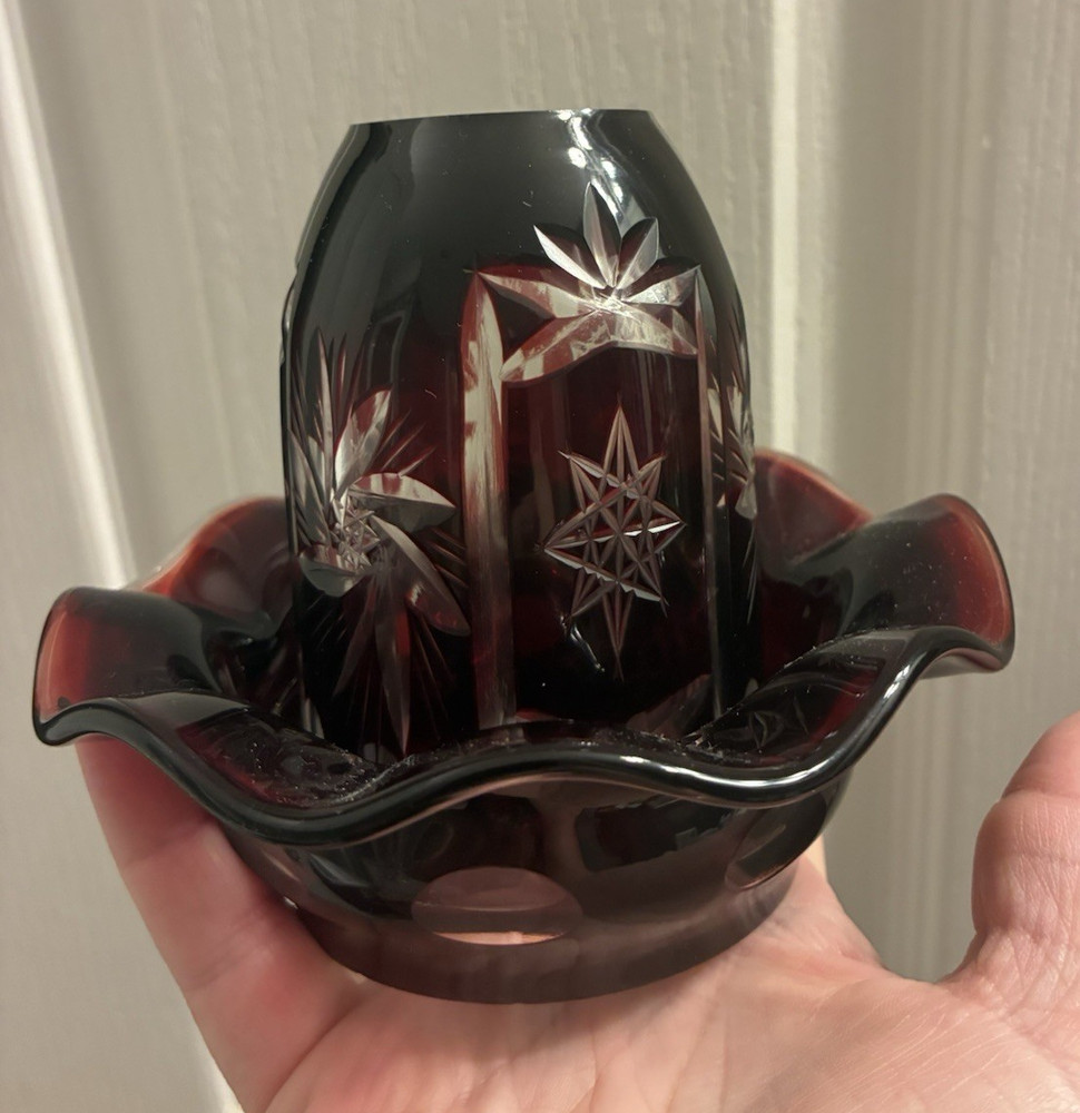 Bohemian Czech Glass Ruby Red Cut To Clear UV Reactive Fairy Lamp—RARE??!!