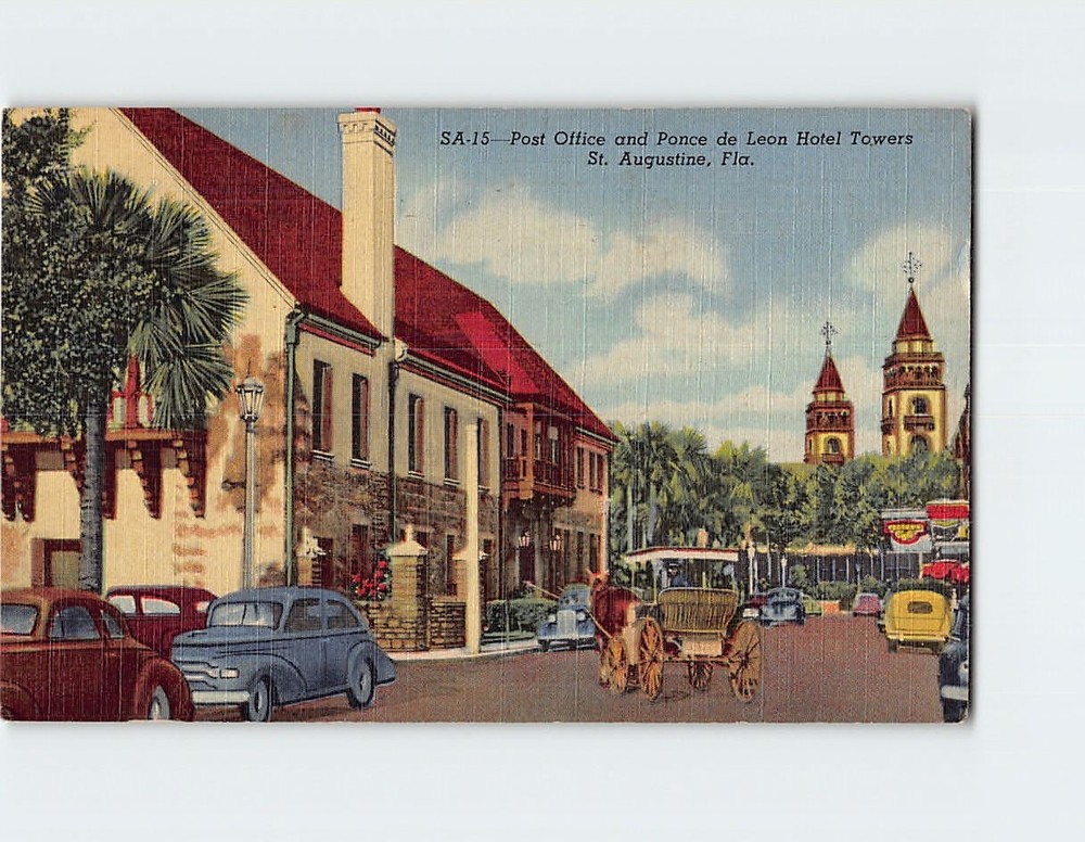 Postcard Post Office and Ponce de Leon Hotel Towers St. Augustine Florida USA
