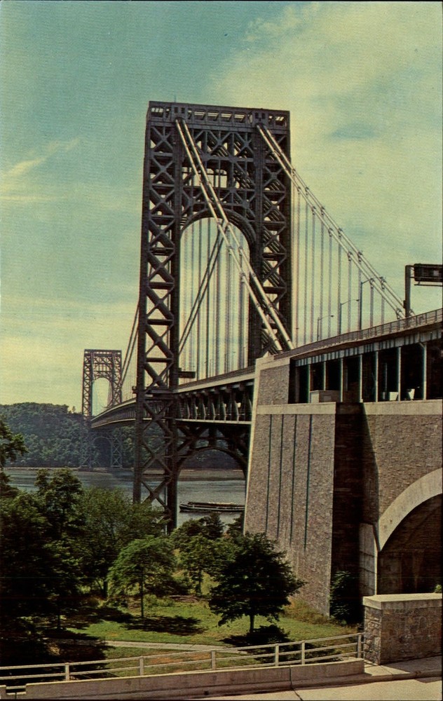 George Washington Bridge over Hudson River steamboat NYC NY~ 1950-60s postcard