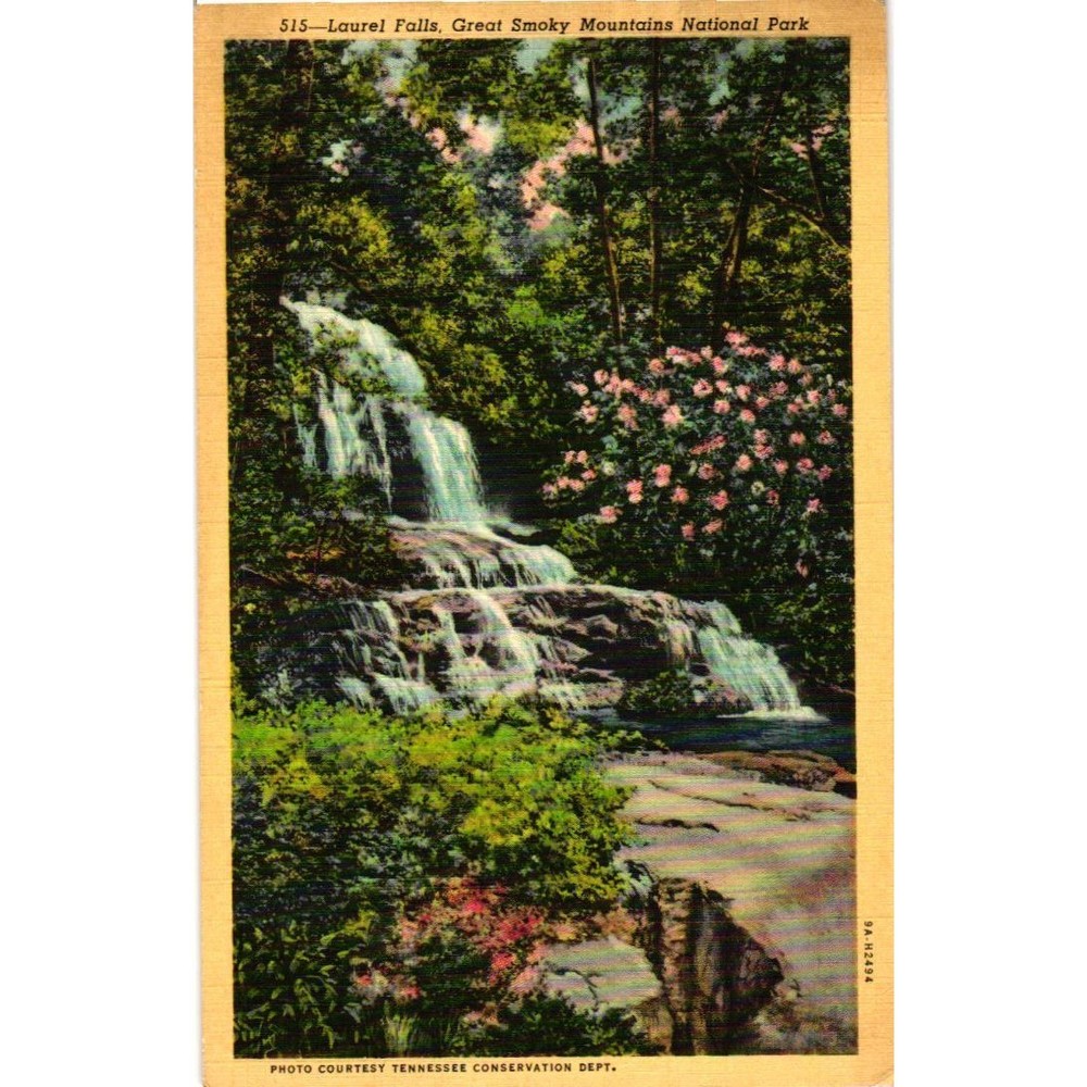 Vintage 1941 Laurel Falls Great Smoky Mountains National Park Linen Postcard TN