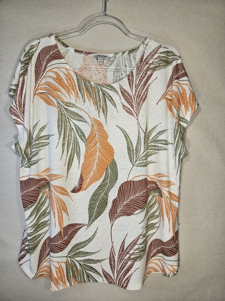 Orvis Women's Summer Spring Printed Linen Blend Cap Sleeve Tee Shirt Top Size XL