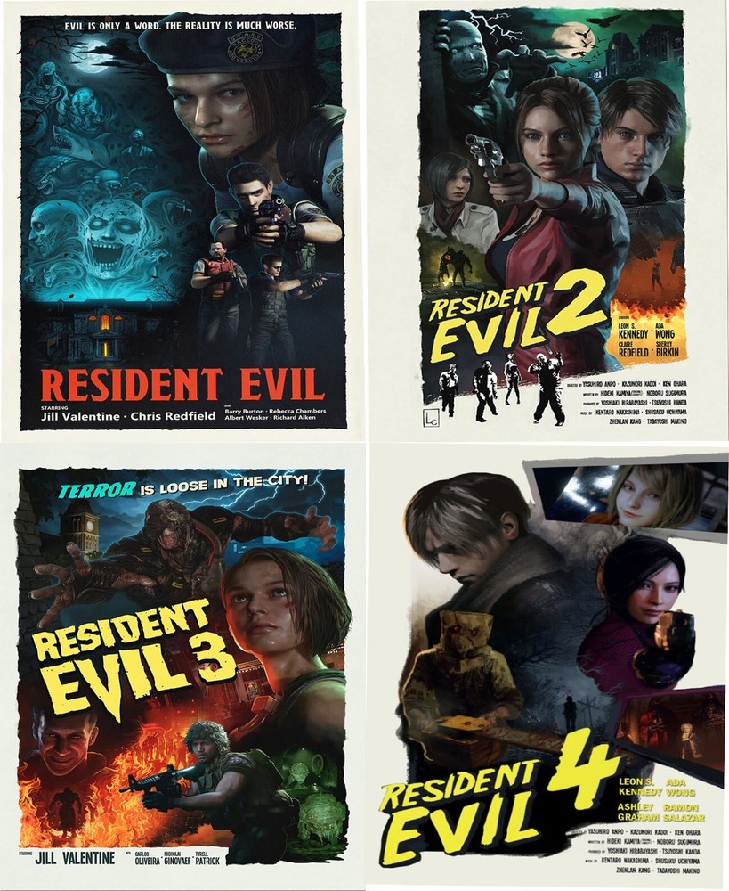 Resident Evil 1 2 3 4 Retro Video Game Movie Poster Set