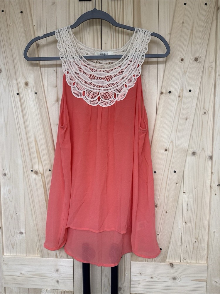 Umgee Sz LARGE Shirt Tunic Tank Top Lace Coral Swing Summer Boho Vacation