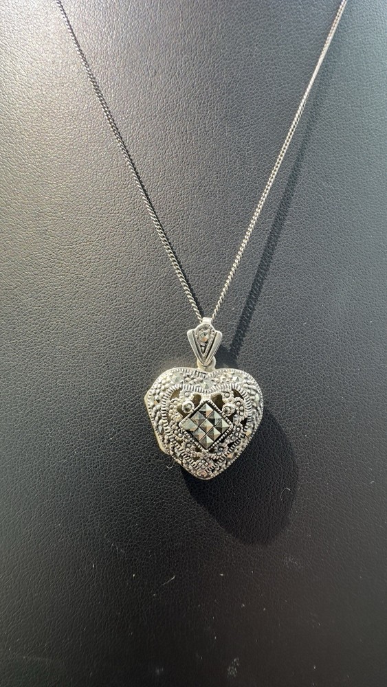 Vtg Marsala Sterling Silver 925 Filagree Locket Marcasite Heart Pendant Necklace