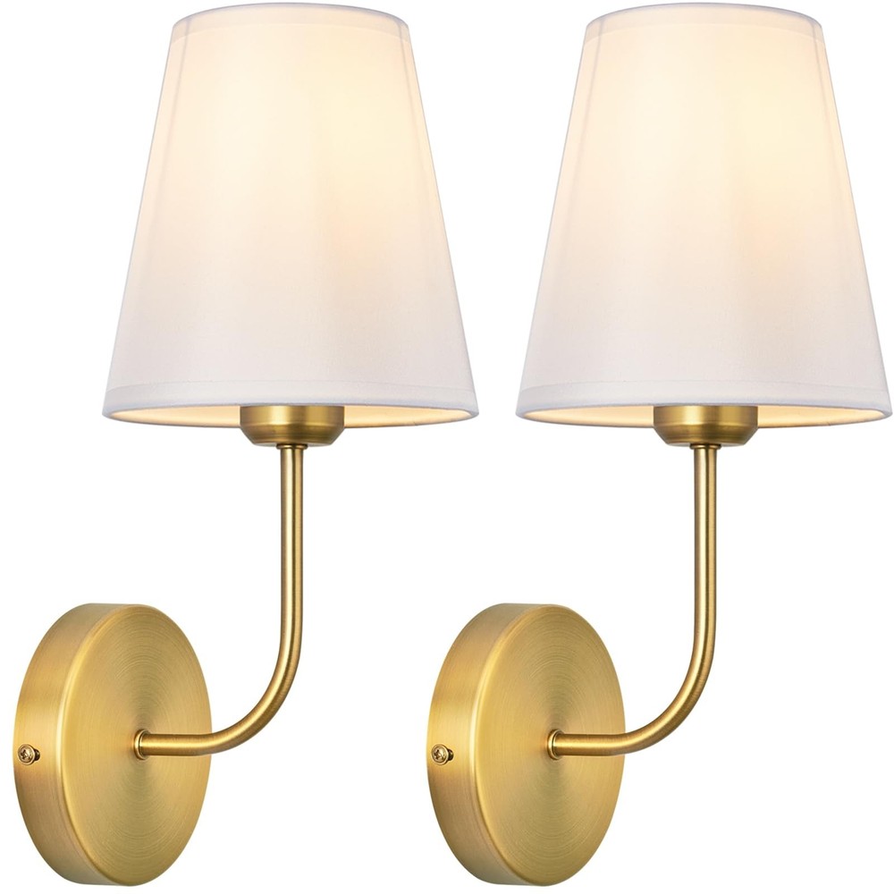 Antique Brass Hardwired Wall Sconce Set of 2 - Gold Finish with White Fabric ...