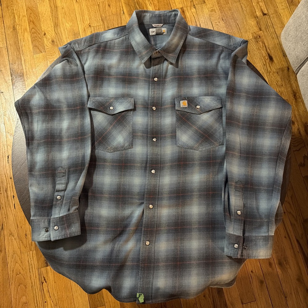 Carhartt Button Down Shirt Men's XL Pearl Snap Blue Gray Plaid Flannel 102825