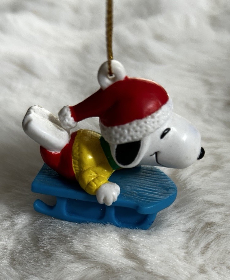 Peanuts SNOOPY Sledding with Santa Hat PVC Christmas Ornament