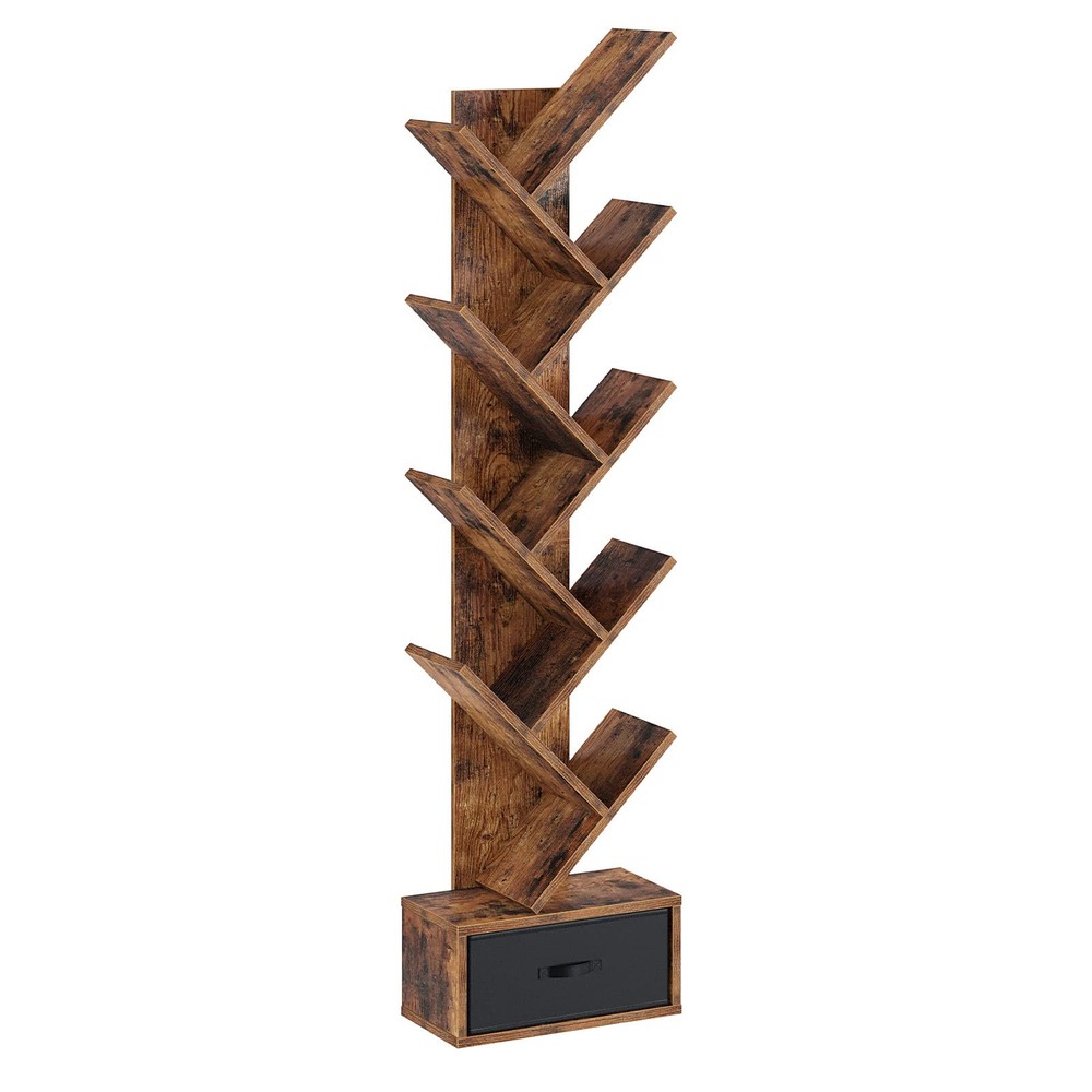 Bookshelf with Drawer, 9 Shelf Tree Bookshelf, Wooden Bookshelves Storage Rac...