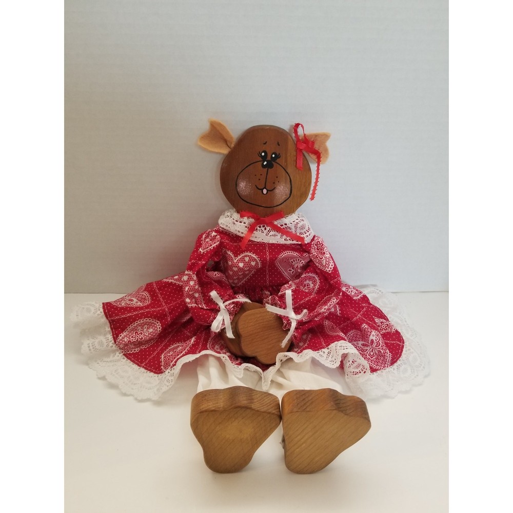 Vintage Handmade Wood Deer Cottagecore Grannycore with Red Dress Shelf Sitter