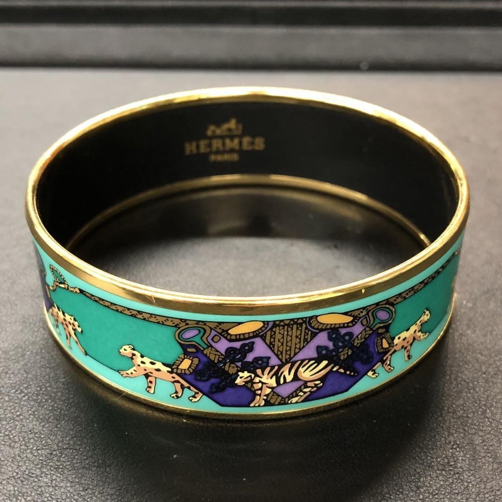 Hermes enamel GM cloisonné bracelet Turquoise Patent leather Auth from Japan RA