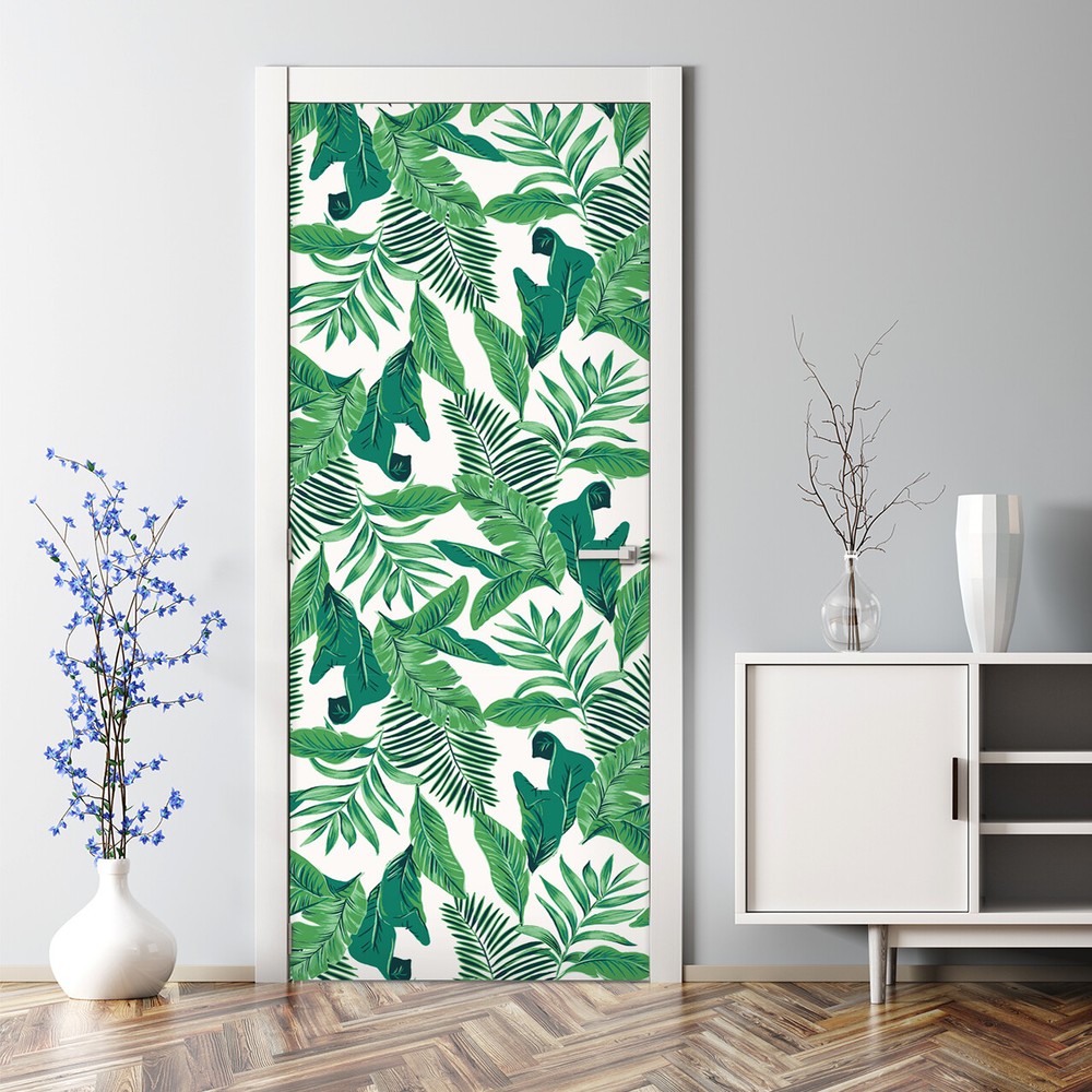 Tropical green leaves watercolor door decal feminine abstract art sticker