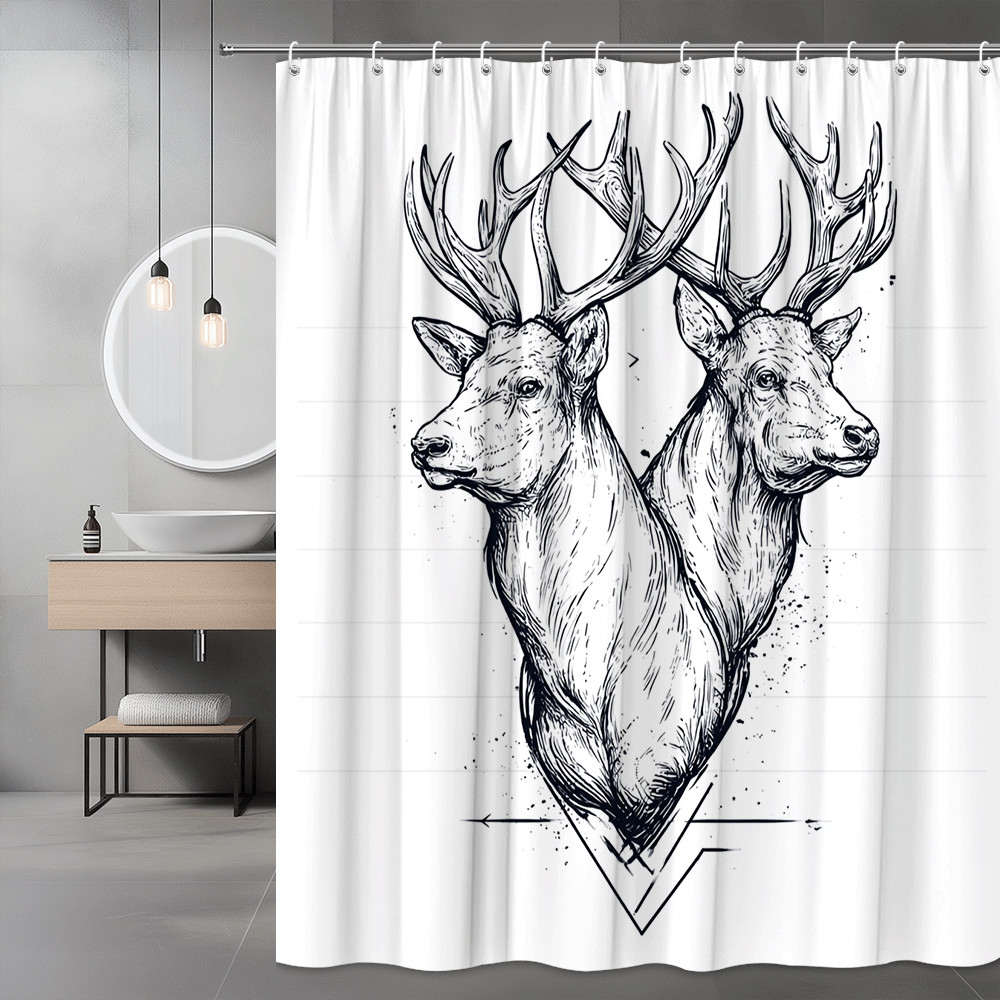 Deer Head Shower Curtain Black White Graphic Print