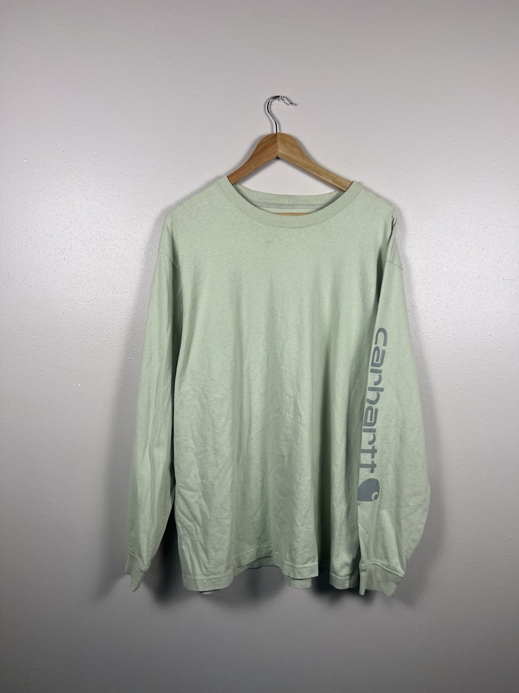 green carhartt long sleeve spellout shirt size large workwear pocket tee