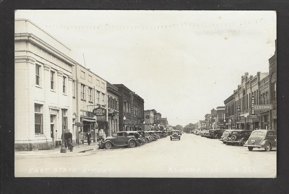 Algona Iowa IA 1920s RPPC Barker Drug & Soda, Dry Goods, Hdwr, Cafe, Ford, Shops