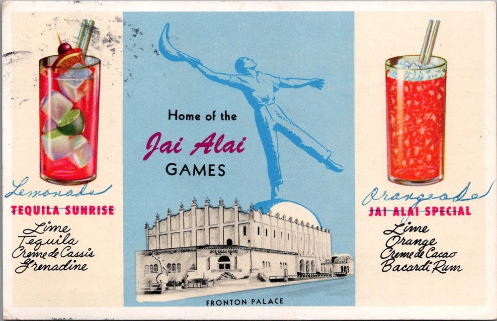 Tijuana Mexico Jai Alai Fronton Palace Cocktails Postcard 1960s Posted