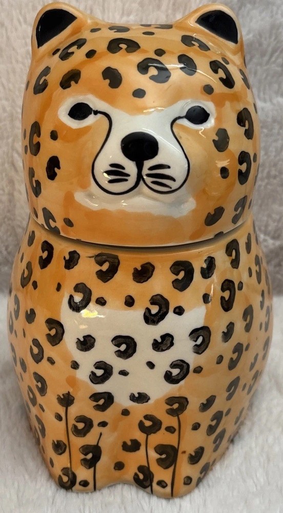 Pier 1 Imports Leopard Print Cat Cookie Jar Canister Stoneware